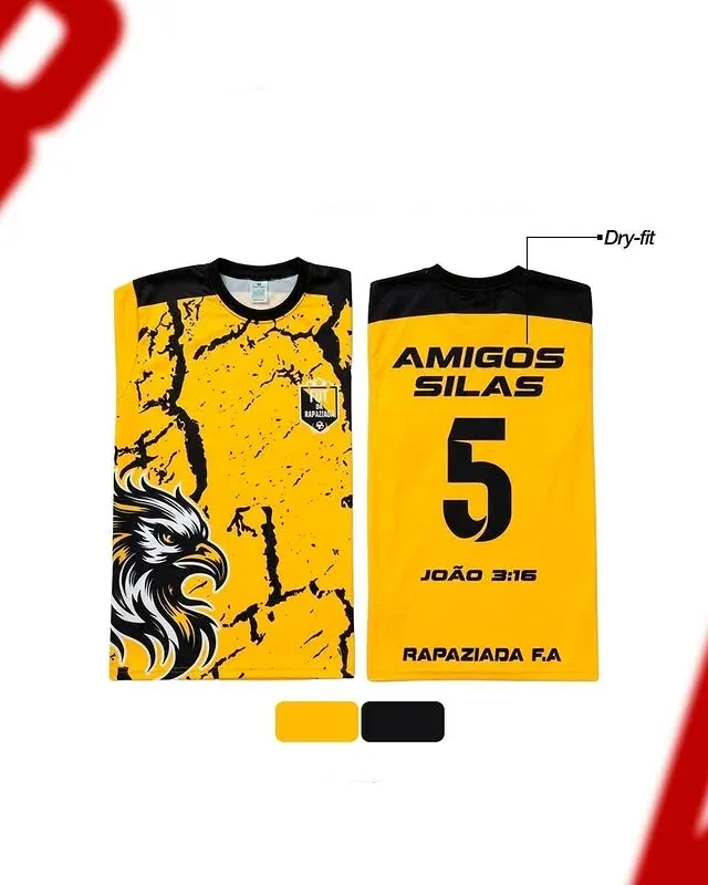 Camisa dry-fit amarela para interclasse, frente e costas