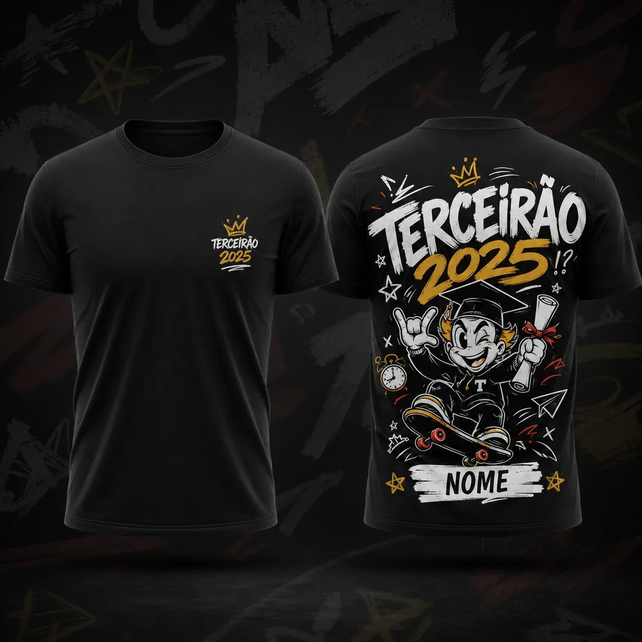 Camiseta preta personalizada para terceirão, frente e costas